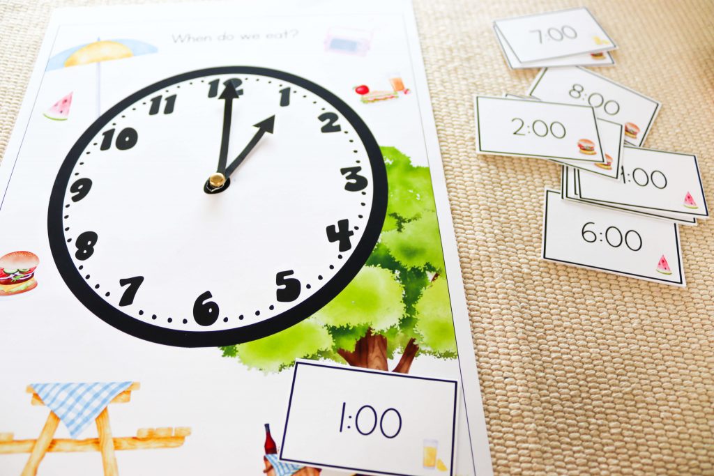 Let's practice time! What time is our picnic? Children can use this interactive clock to make the time! Printables available in our Fruits Activities Printables Pack. 
