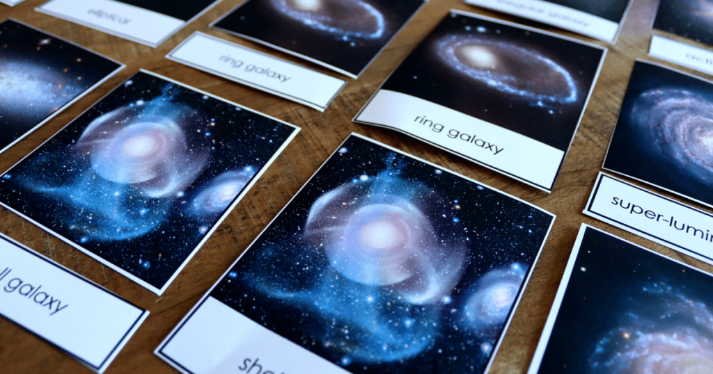 Use these free types of galaxies cards to take a journey through our cosmos in your Montessori elementary classroom or homeschool!